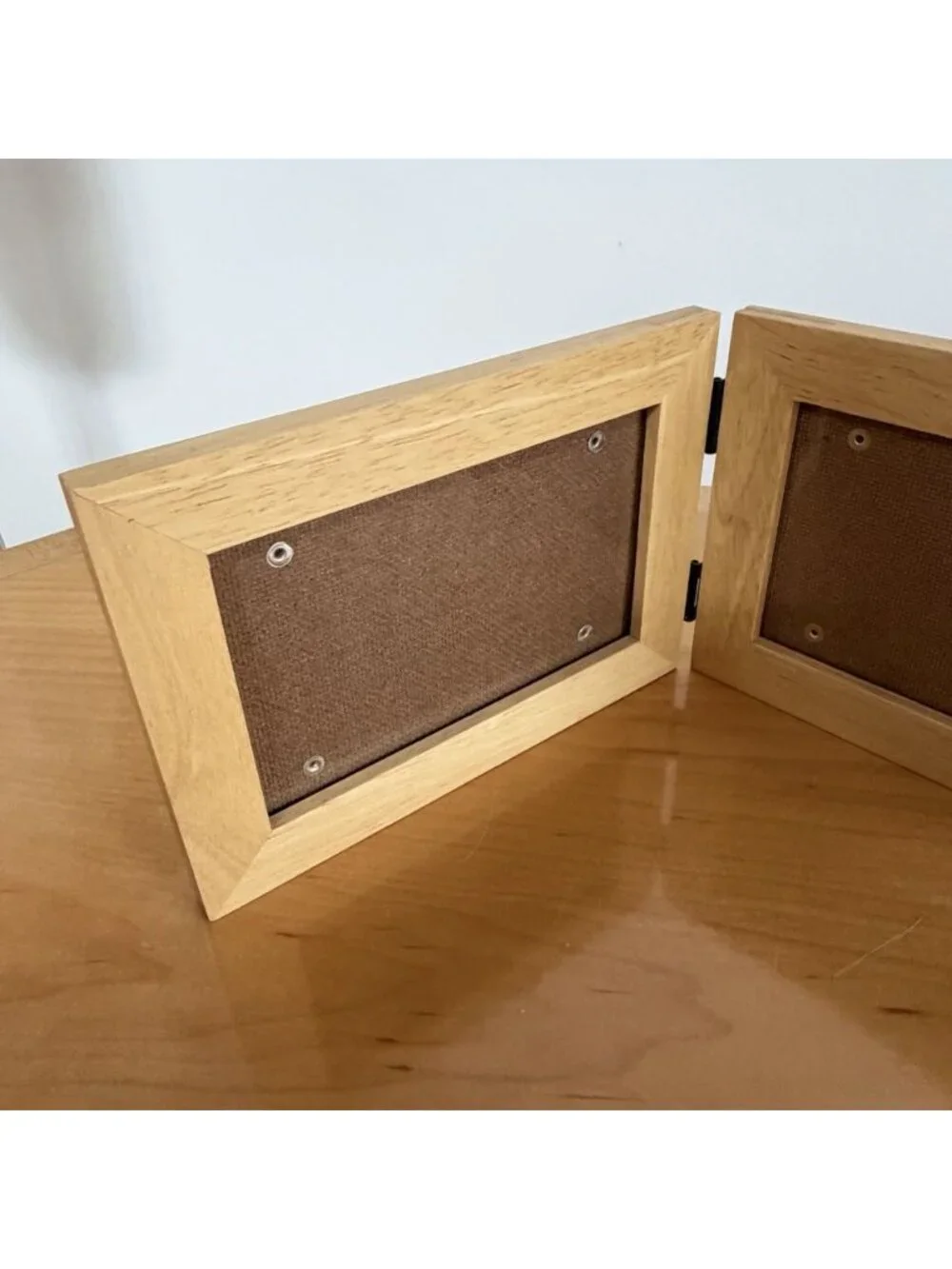 Hinged Double Picture Frame Wood Holds Two Photos Folding Display Wooden Natural